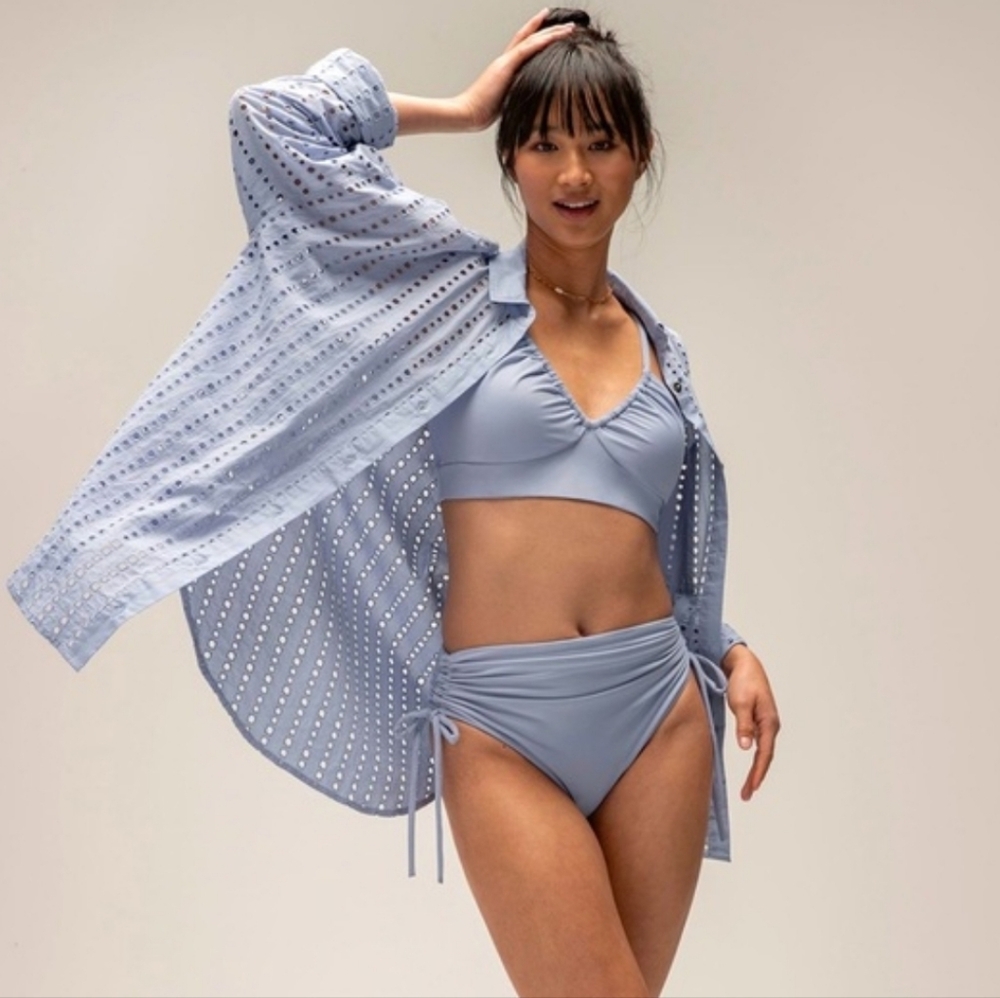 Calia Light Blue Womens Swim Coverup Shirt - Breathable Eyelet Button-Up